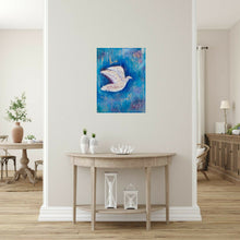 Load image into Gallery viewer, Original painting of a white bird with a blue abstract background by Kerry Sandhu Art
