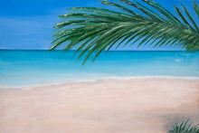 Load image into Gallery viewer, Original painting of a tranquil tropical beach with palm leaves by Kerry Sandhu Art
