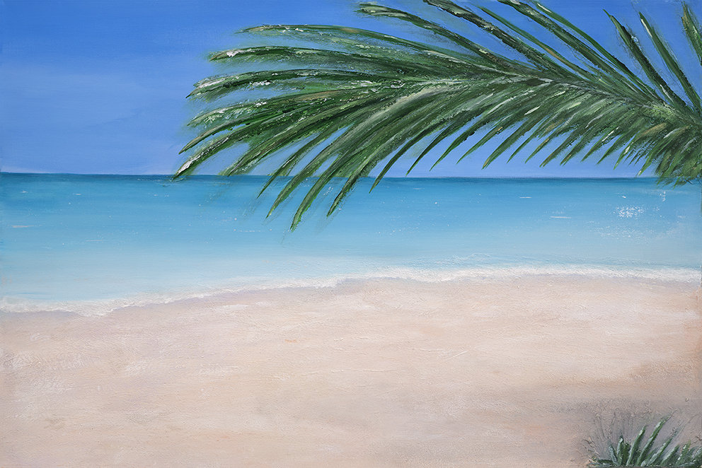Original painting of a tranquil tropical beach with palm leaves by Kerry Sandhu Art