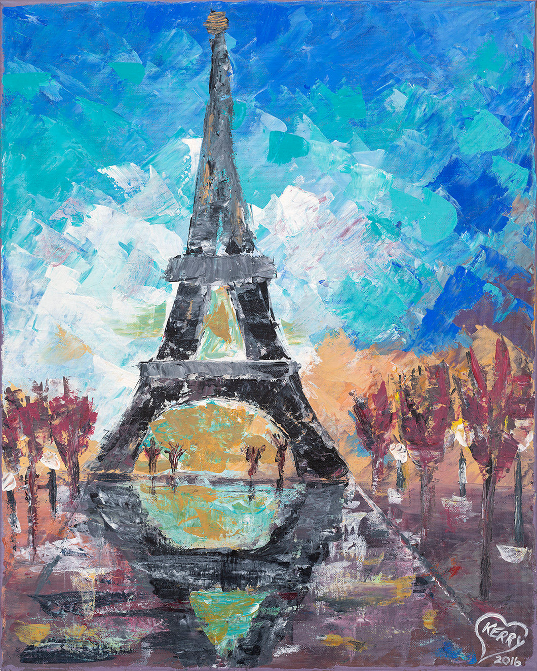 Original impressionistic painting of the Eiffel Tower and it's reflection in water by Kerry Sandhu Art