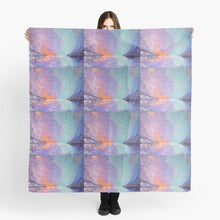 Load image into Gallery viewer, Original painting of a colouful sunset reflected on the water with a bright soul star on a large square 140 x 140 scarf / wrap / shawl
