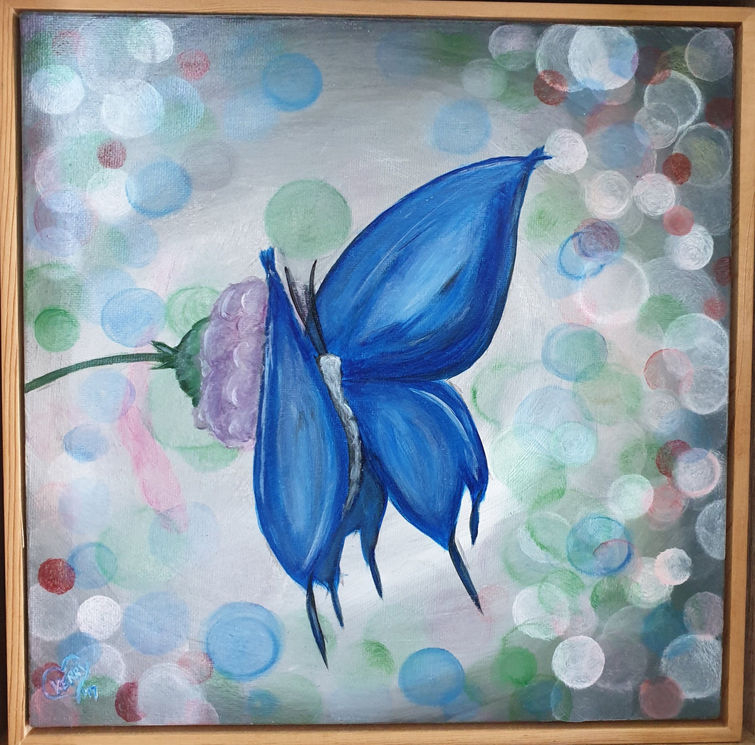 Original painting (in a pine box frame) of a blue butterfly on a purple flower with coloured bokeh lights behind