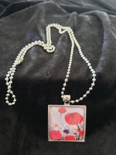 Load image into Gallery viewer, 25mm Square Pendant &amp; Chain - Original painting of red poppies with an abstract background
