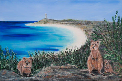 Original painting of quokkas overlooking Pinky's Beach and Bathurst Lighthouse on Rottnest Island, Western Australia giclee print - available in two sizes