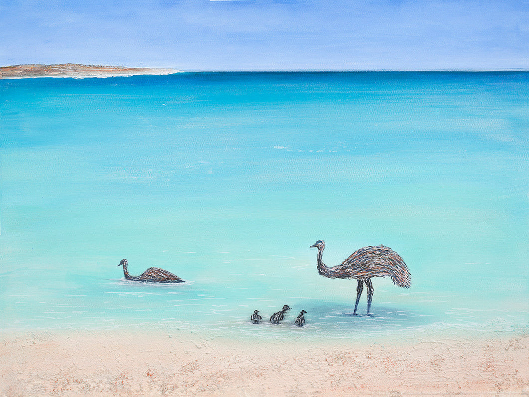 Original painting of a emu family taking a swim at a gorgeous calm turquoise beach in Denham Western Australia giclee print