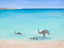 Load image into Gallery viewer, Original painting of a emu family taking a swim at a gorgeous calm turquoise beach in Denham Western Australia
