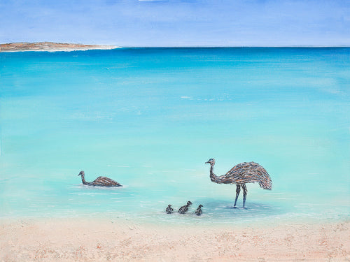 Original painting of a emu family taking a swim at a gorgeous calm turquoise beach in Denham Western Australia