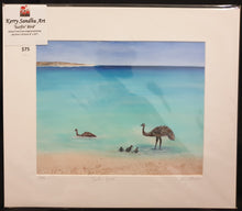Load image into Gallery viewer, GICLEE PRINT &#39;Surfin&#39; Bird&#39; - from original painting of emus swimming on a beautiful beach on the Coral Coast of Western Australia
