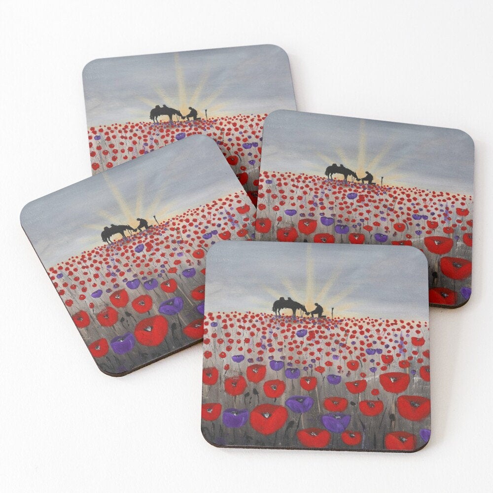 original artwork of a sunrise (in the form of the ANZAC Crest) with a silhouette of a soldier kneeling next to his horse drinking from his hat in a field of red and purple poppies on cork backed coasters