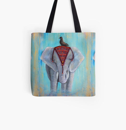 Original painting of a regal Asian elephant in a headdress with a blackbird sitting in it's head on a 41 x 41cm tote bag