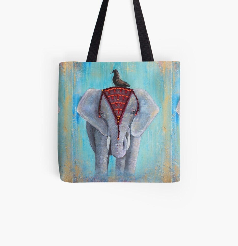 Original painting of a regal Asian elephant in a headdress with a blackbird sitting in it's head on a 41 x 41cm tote bag