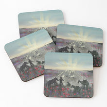 Load image into Gallery viewer, Original painting of a soldier, horse, camel, donkey, dog and birds walking towards an ANZAC Crest inspired sunrise through a field of poppies on cork backed coasters

