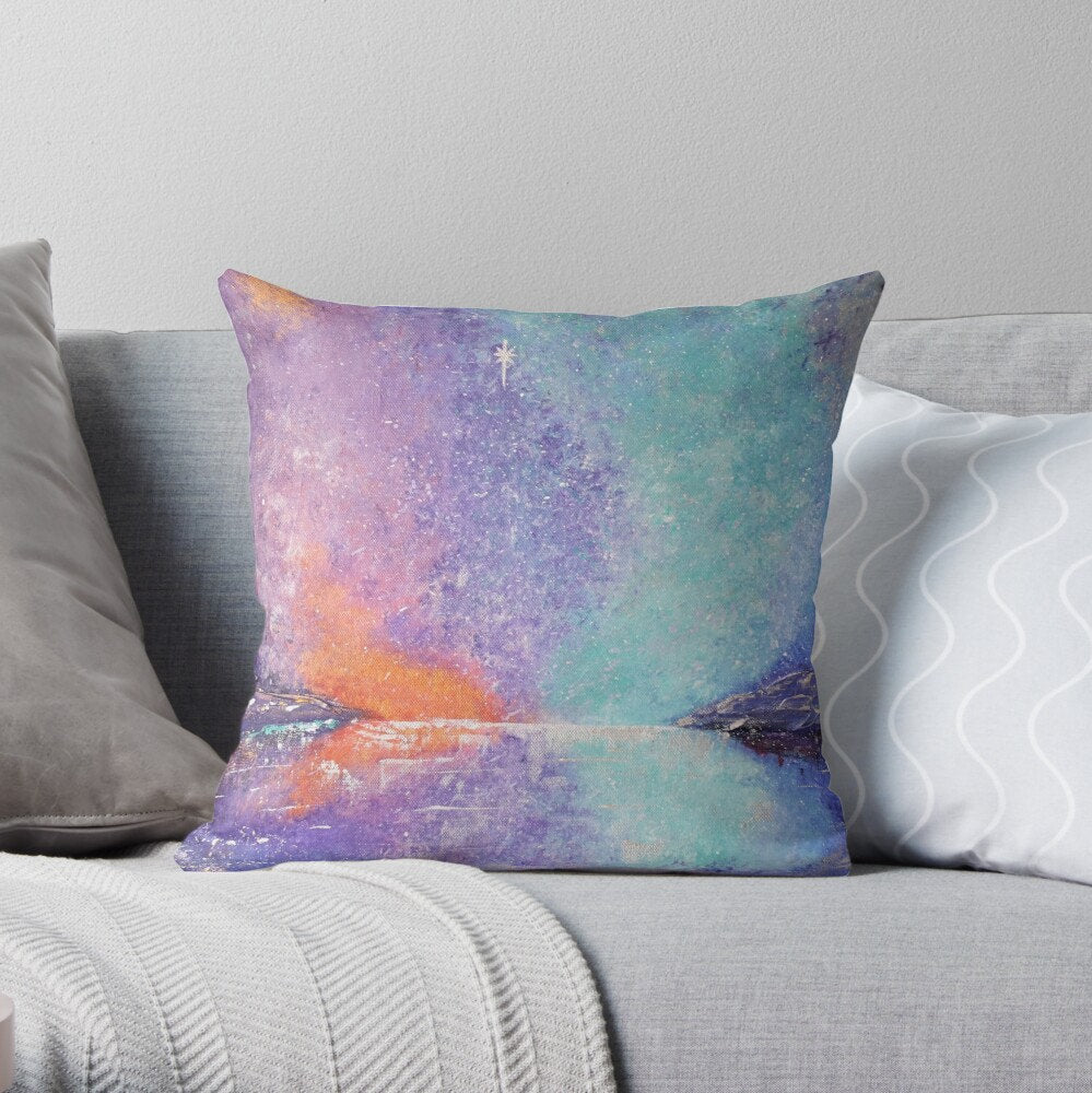 Original painting of a colouful sunset reflected on the water with a bright soul star on a 40 x 40cm cushion cover