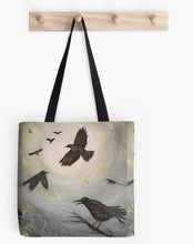 Load image into Gallery viewer,  Original painting of a murder of crows flying and perched on a 41 x 41cm tote bag
