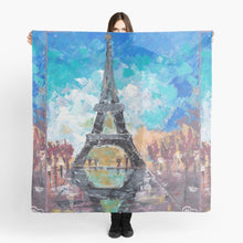 Load image into Gallery viewer, Impressionistic painting of the Eiffel Tower and it's reflection in water on a large square 140x140 scarf/wrap/shawl

