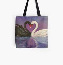 Load image into Gallery viewer, Original painting of a black and a white swan touch heads to form a love heart with the heart reflecting in the water on a 33 x 33cm tote bag
