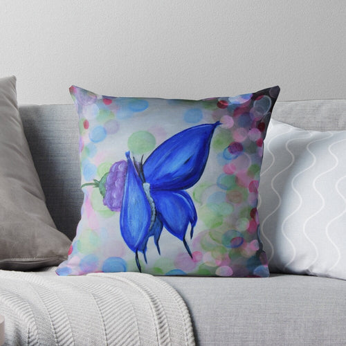 Original painting of a blue butterfly on a purple flower with coloured bokeh lights behind on 40 x 40cm cushion covers