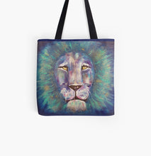 Load image into Gallery viewer, Original painting of a bold coloured lion head close up on a 41 x 41cm tote bag
