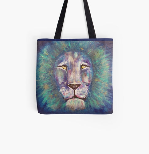 Original painting of a bold coloured lion head close up on a 41 x 41cm tote bag