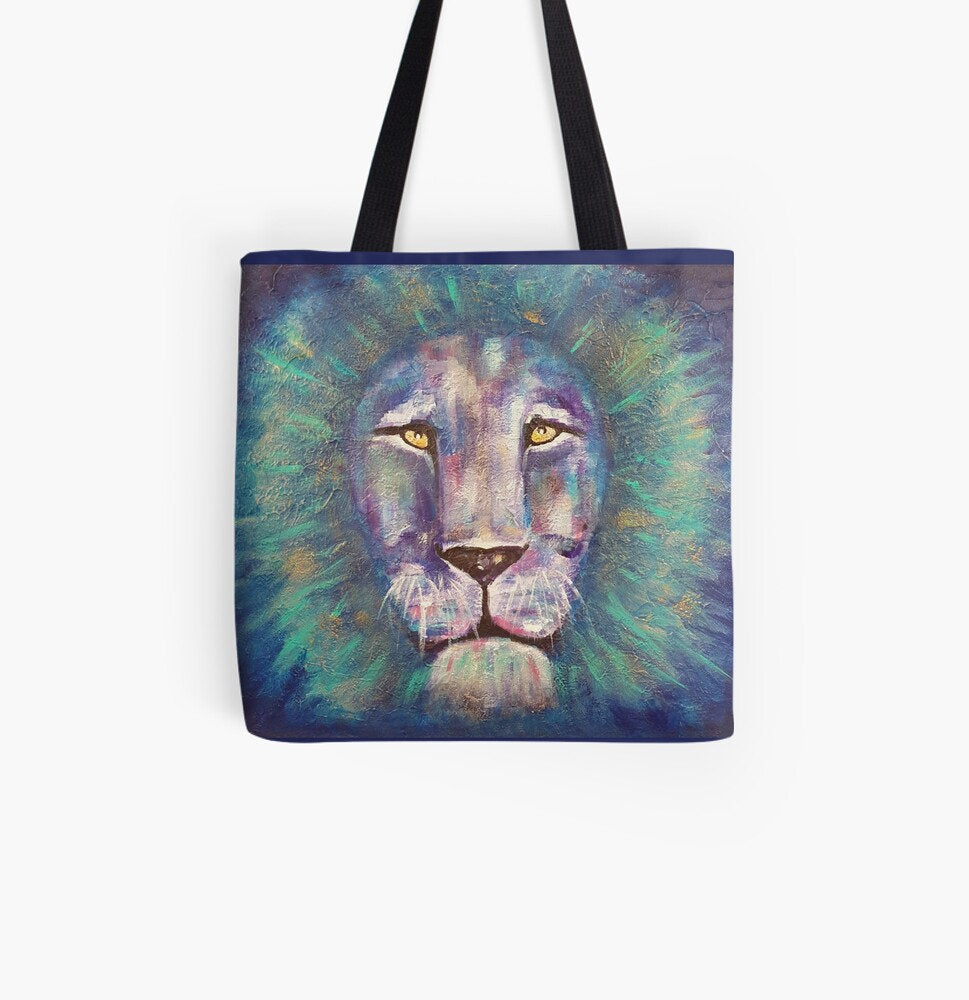Original painting of a bold coloured lion head close up on a 41 x 41cm tote bag