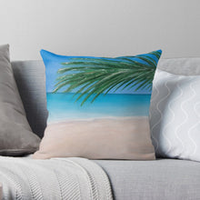 Load image into Gallery viewer, Original painting of a tranquil  tropical beach with  palm leaves on 40 x 40cm cushion covers
