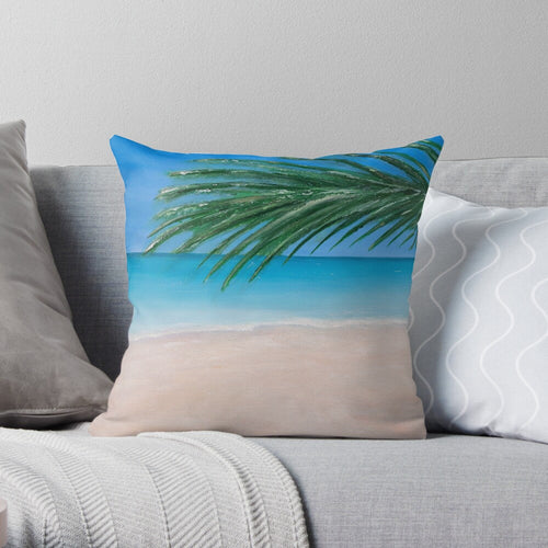 Original painting of a tranquil  tropical beach with  palm leaves on 40 x 40cm cushion covers