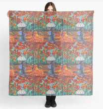 Load image into Gallery viewer, Couple under an umbrella surrounded by autumn/fall coloured leaves on a large 140x140cm square scarf/wrap /shawl
