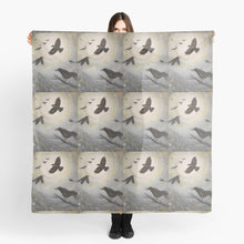 Load image into Gallery viewer, Original painting of a murder of crows flying and perched on a large square 140 x 140cm scarf / wrap / shawl
