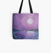 Load image into Gallery viewer, Original painting of a mystical full moon reflecting over water on a 41 x 41cm tote bag
