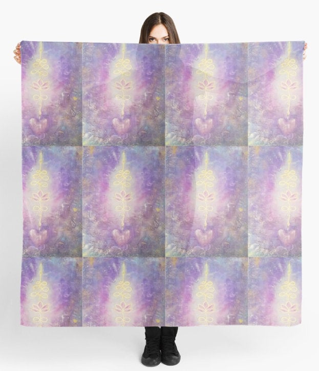 Original painting of a unalome power symbol in gold leaf on an abstract background on a large square 140 x 140 scarf / wrap / shawl