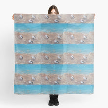 Load image into Gallery viewer, Original painting of Australian pelicans on a beach on a large square 140 x 140cm scarf / wrap / shawl
