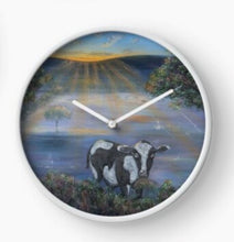 Load image into Gallery viewer, Original painting of  a black and white cow eating with the sun rising  on a clock
