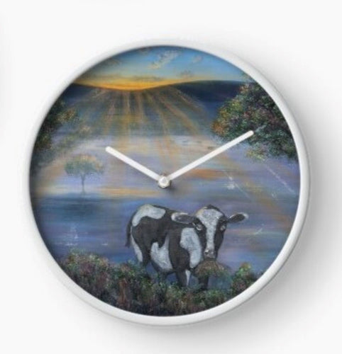 Original painting of  a black and white cow eating with the sun rising  on a clock