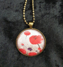 Load image into Gallery viewer, 30mm Bronze Pendant &amp; Chain - Original painting of red poppies with an abstract background
