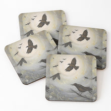 Load image into Gallery viewer, Original painting of a murder of crows flying and perched on cork backed coasters
