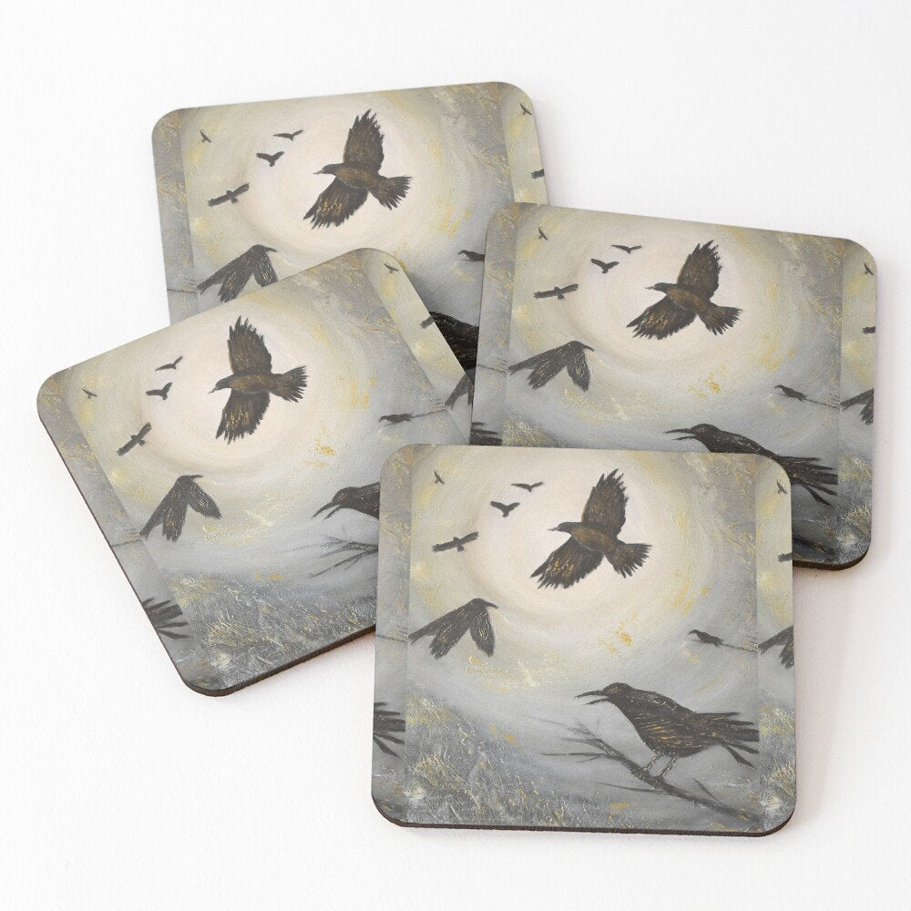 Original painting of a murder of crows flying and perched on cork backed coasters