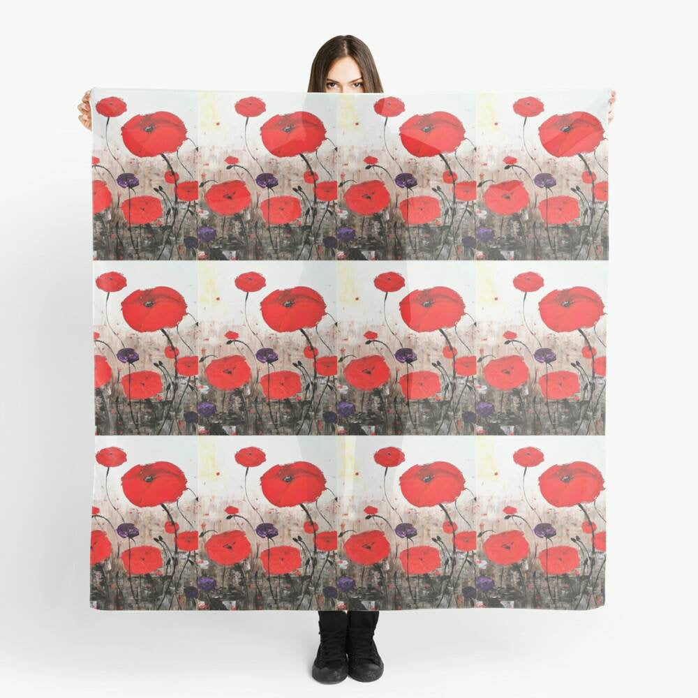 Original painting of red poppies with an abstract background on a large square 140 x 140cm scarf / warp / shawl