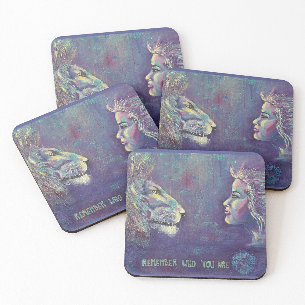 Original bold colour painting of a lion and a lady looking at each other  with the words Remember Who You Are at the bottom on cork backed coasters