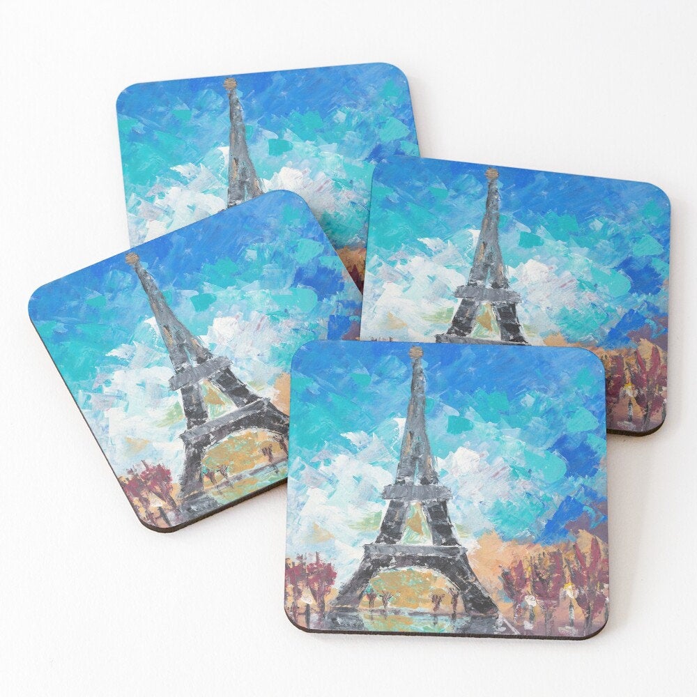 Original impressionistic painting of the Eiffel Tower on cork backed coasters