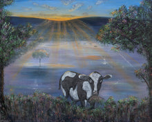Load image into Gallery viewer, Original painting of  a black and white cow eating with the sun rising 
