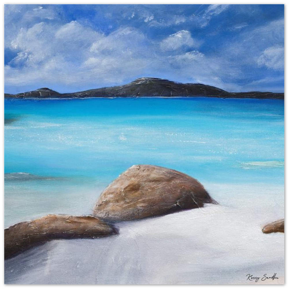 Painting of a tranquil ocean/ beach scene in Denmark, South West Western Australia aluminium print available in various sizes