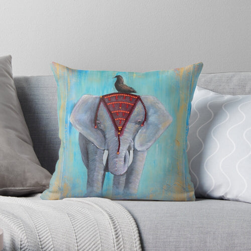 Original painting of a regal Asian elephant in a headdress with a blackbird sitting in it's head on a 40 x 40cm cushion cover