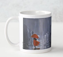 Load image into Gallery viewer, Original painting of a grey tone abstract rainy cityscape with a lady wearing a red coat under a red umbrella and water reflections on a ceramic mug
