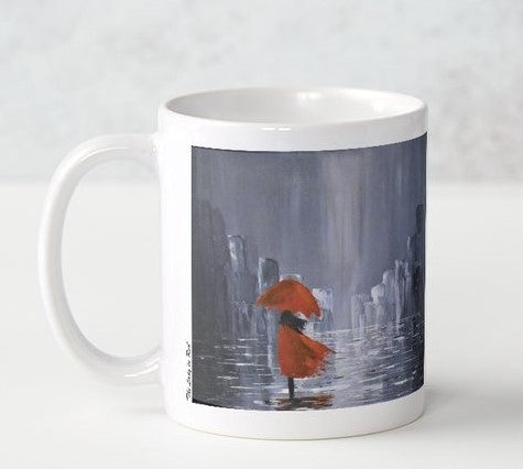 Original painting of a grey tone abstract rainy cityscape with a lady wearing a red coat under a red umbrella and water reflections on a ceramic mug