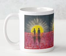 Load image into Gallery viewer, Original painting of a rising sun which is an abstract version of the Aboriginal flag with the silhouette of an Aboriginal holding a spear and a soldier holding a gun surrounded by red poppies on a ceramic mug
