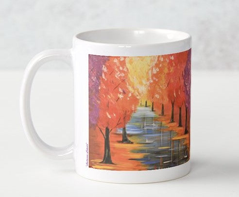 original painting of autumn / fall coloured leaves and trees with water reflections on a ceramic mug