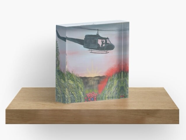Original painting of a huey helicopter hovering over red smoke and poppies in Vietnam on a 10 x 10cm acrylic photographic block