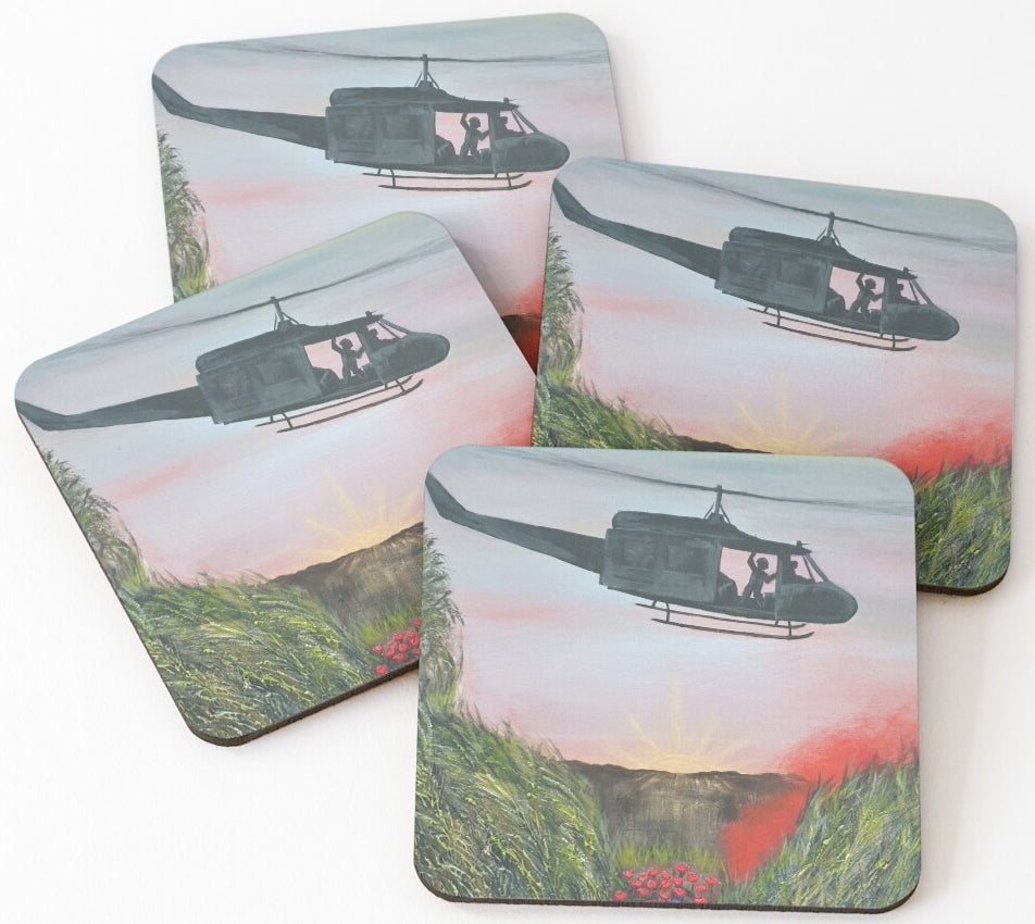 Original painting of a huey helicopter hovering over red smoke and poppies in Vietnam on cork backed coasters
