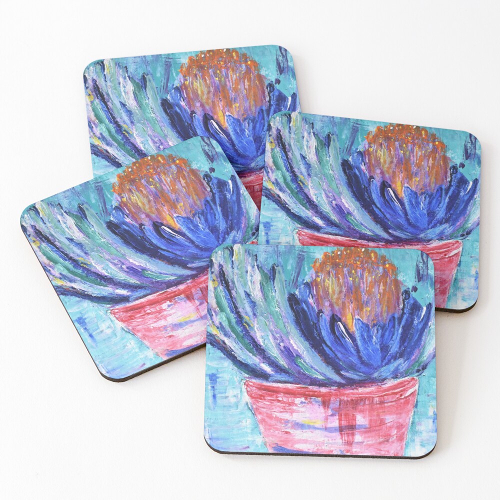 Original painting of a banksia plant on a pot on cork backed coasters