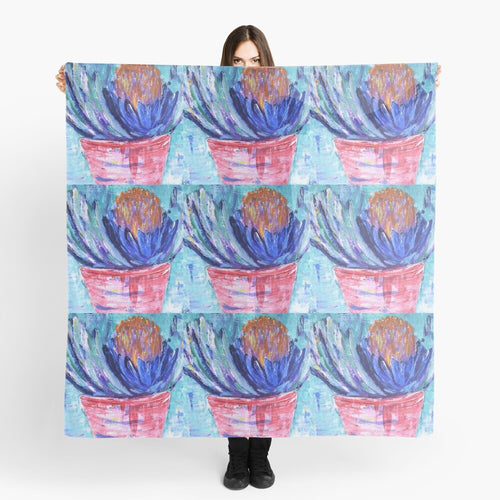 Original painting of a banksia plant on a pot on a large square 140 x 140cm scarf / wrap / shawl